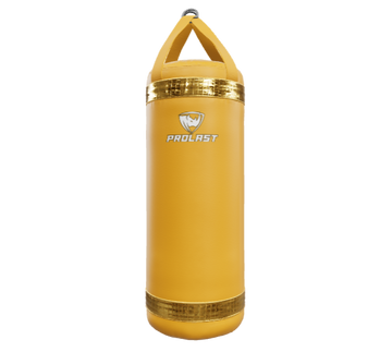 Yellow punching bag with a brand logo on a white background