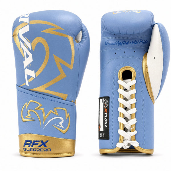 Rival RFX-Guerrero Pro Fight Gloves SF-H – Sky Blue & Gold Custom Colorway – 10oz